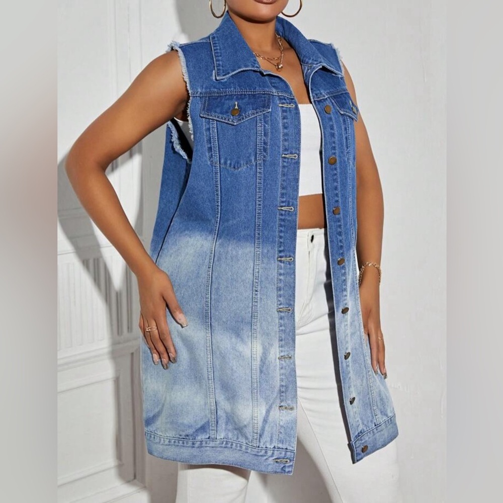 Women's Versatile Color Block Denim Gradient Wash Sleeveless Jacket - Picture 4 of 4